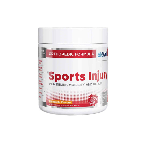 AltWELL Sports Injury powder for pain relief and mobility, featuring pineapple flavor and orthopedic formula packaging.