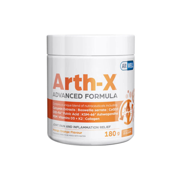 Arth-X Advanced Formula nutraceutical supplement for joint pain relief, featuring flavors and essential ingredients.