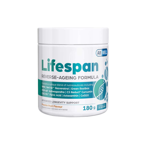 AltWELL Lifespan Reverse Ageing Formula powdered supplement with Passion fruit flavor for advanced longevity support.