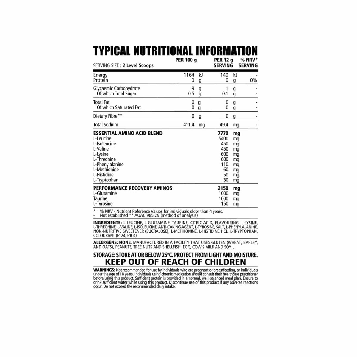 Nutritional information label for NPL BCAA EAA Aminos, detailing amino acid blend and serving size.
