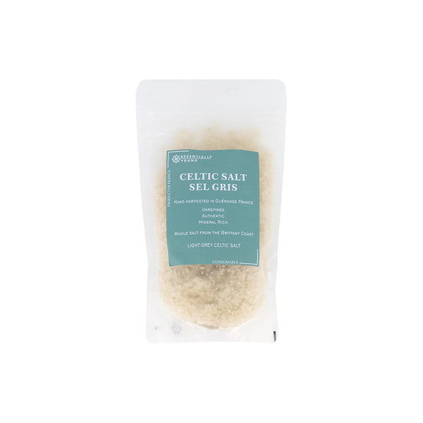 Celtic sea salt packaged in a clear bag, hand harvested from Guérande, France, ideal for cooking and seasoning.