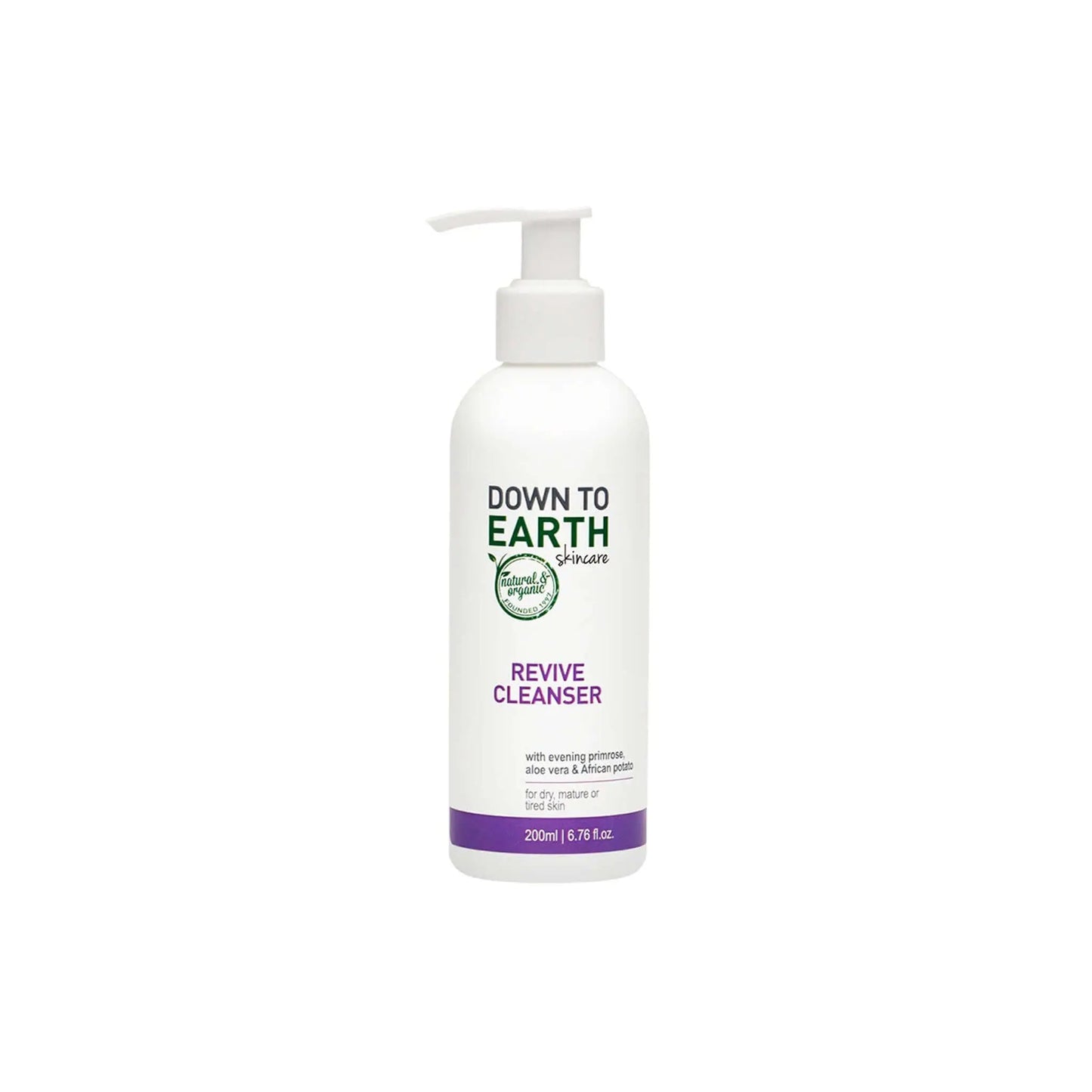 Down to Earth Revive Cleanser bottle for dry, mature skin with evening primrose and aloe vera, 200ml size.