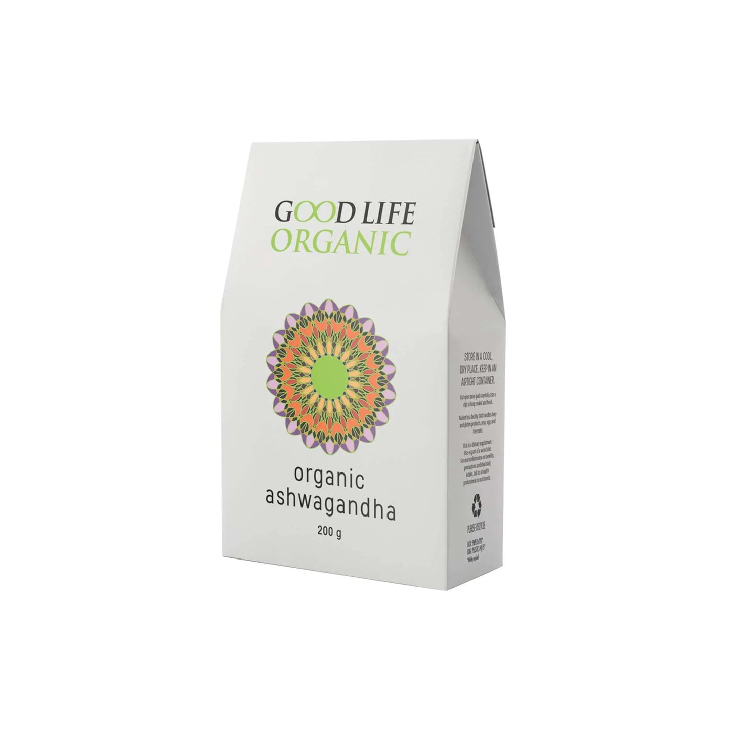 Good Life Organic Ashwagandha Powder 200g packaging with vibrant design, promoting health and wellness benefits.