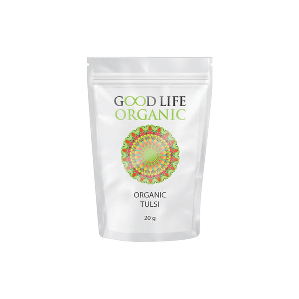 Good Life Organic Tulsi Tea packaging, 20g, featuring vibrant design and highlighting organic holy basil benefits.