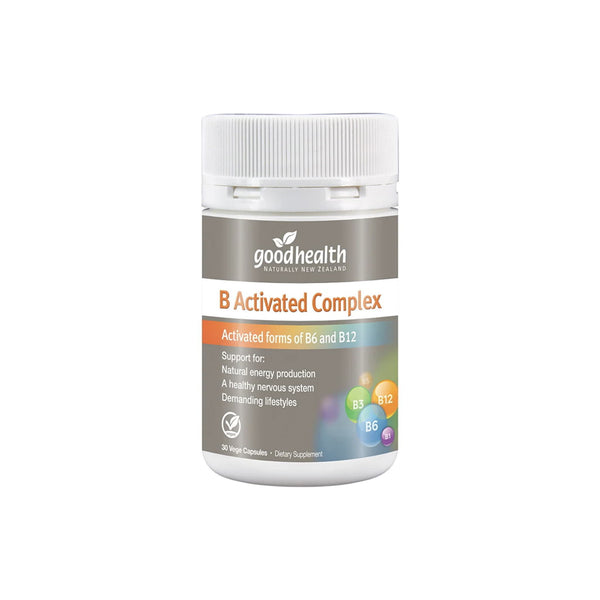 Good Health B Activated Complex bottle featuring activated B6 and B12 vitamins for energy and nervous system support.