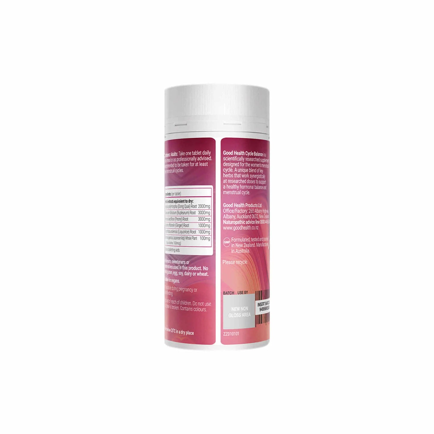 Good Health Cycle Balance product bottle showcasing label and nutritional information for health benefits.