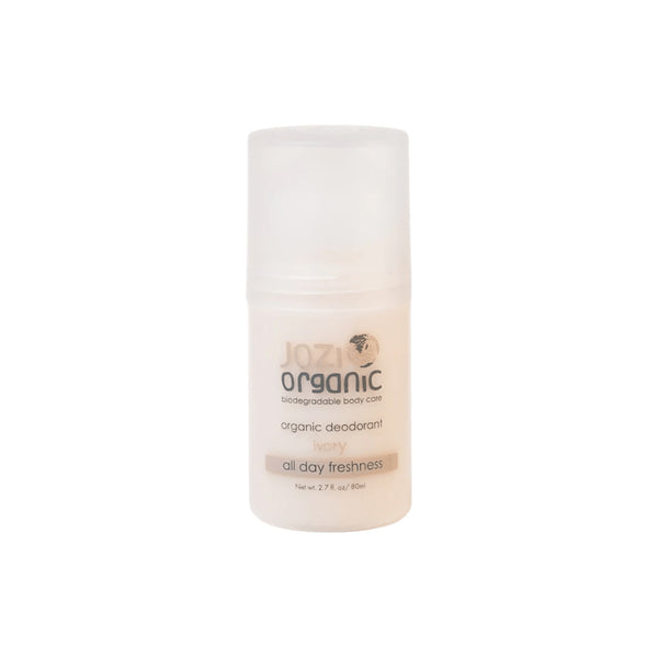 Jozi Deo Ivory organic deodorant in a sleek bottle, offering all-day freshness without harsh chemicals.