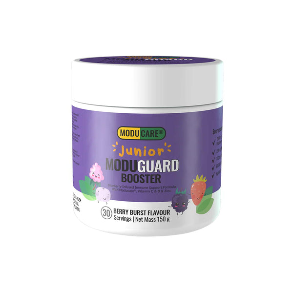 Moducare Junior Moduguard Booster container with berry burst flavor, designed to support children's immune health.