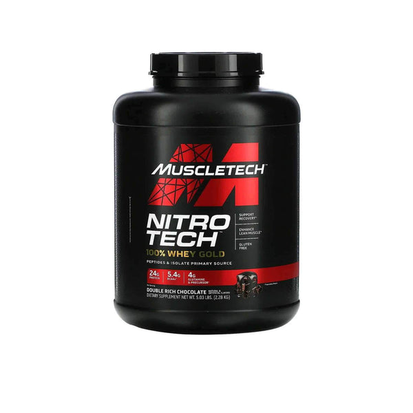 Muscletech Nitro-Tech 100% Whey Gold protein tub, 2.27kg, featuring double rich chocolate flavor and 24g protein per scoop.