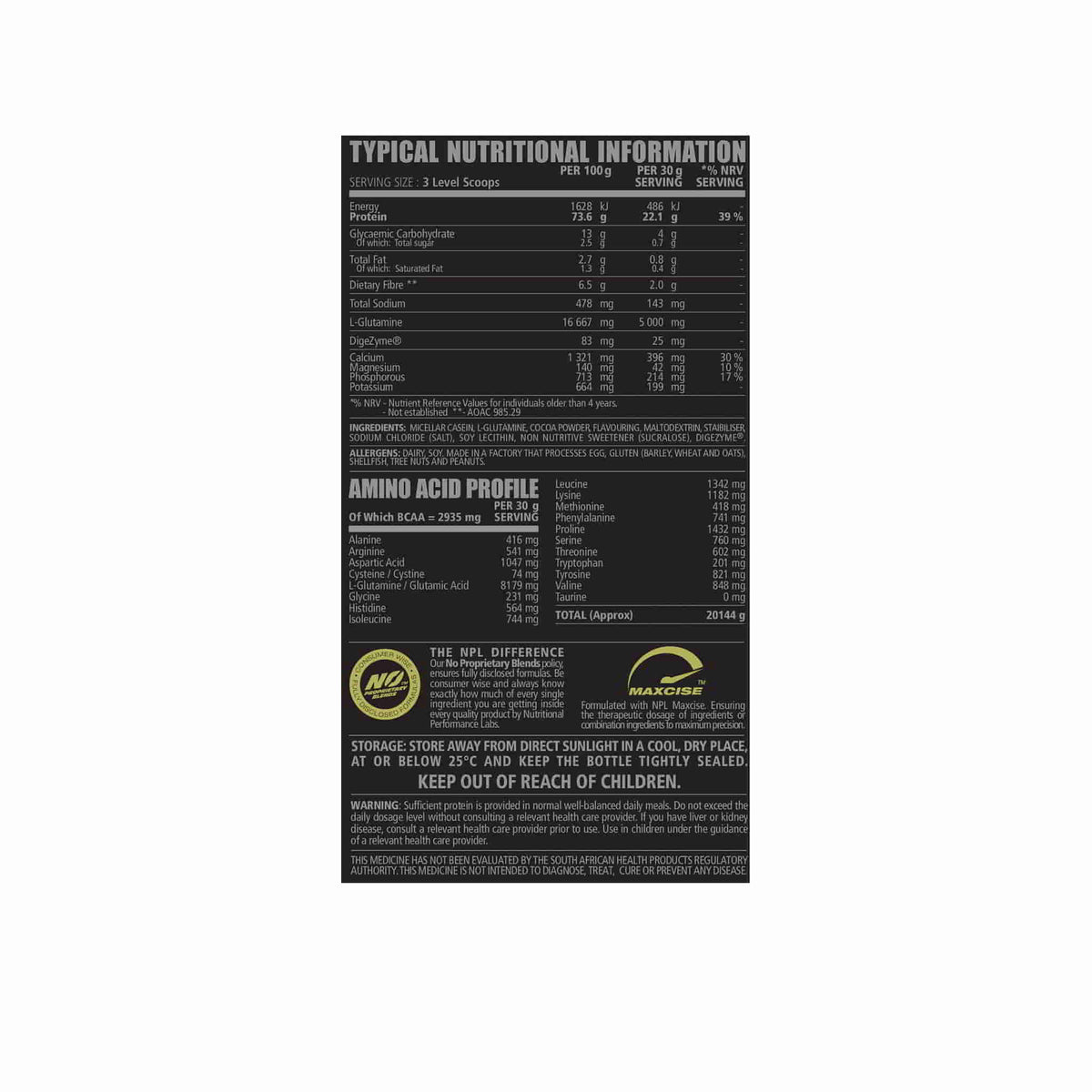 Nutritional information and amino acid profile for NPL Micellar Casein, showcasing key health benefits and serving details.