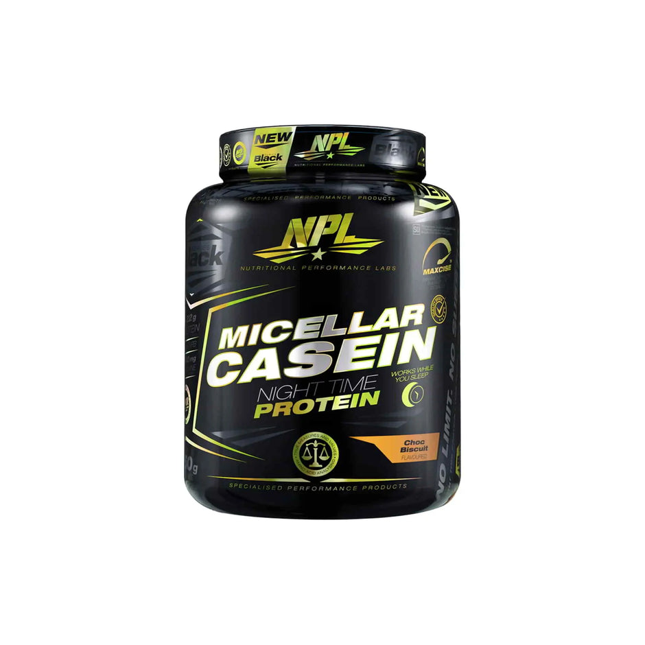 NPL Micellar Casein protein powder container for nighttime use, featuring 22g of protein per serving and low sugar content.