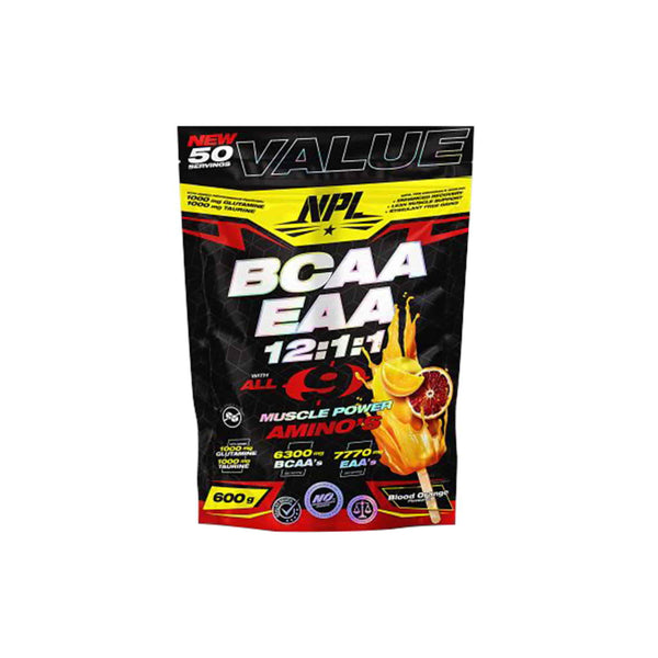 NPL BCAA EAA amino acids supplement 50 servings for muscle recovery and growth, 600g packaging with vibrant design.