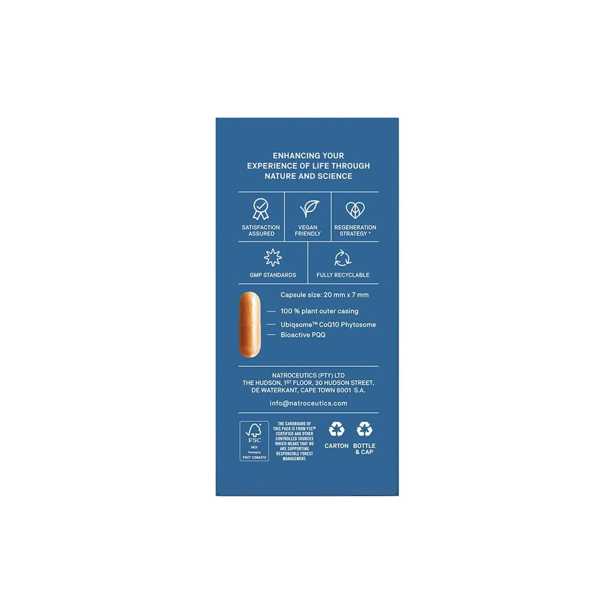 Natroceutics CoQ10 + PQQ product label featuring capsule details and recycling information.
