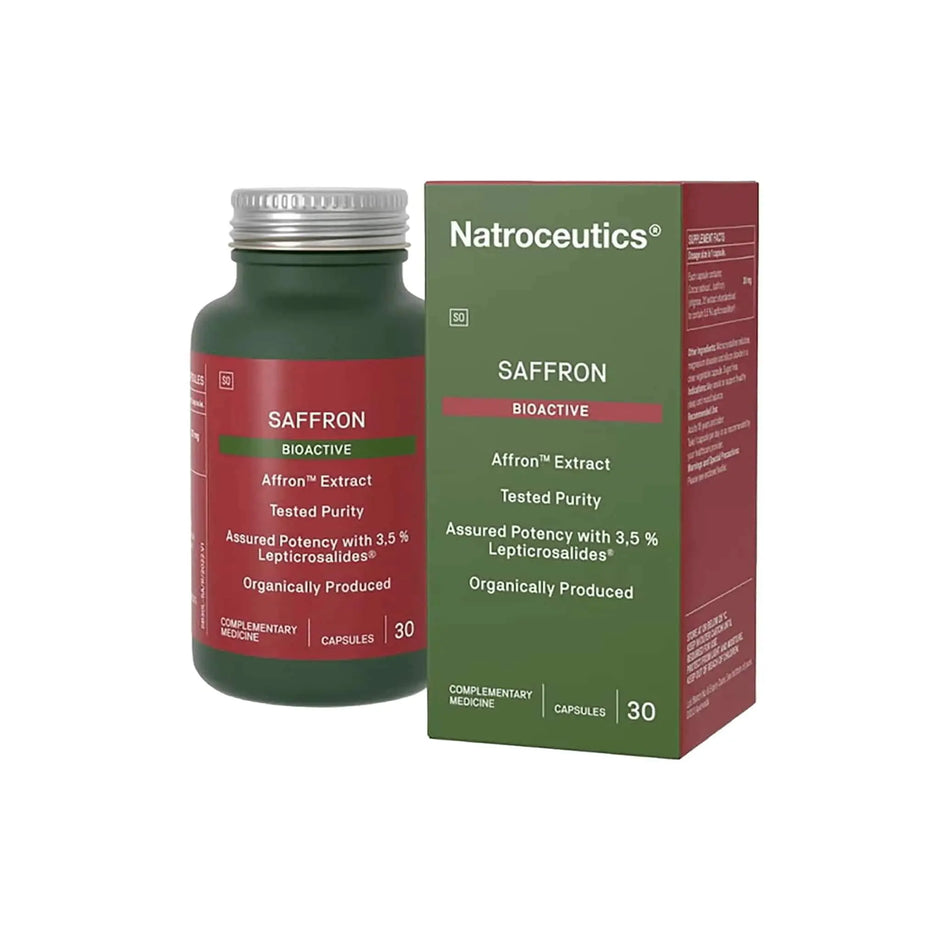 Natroceutics Saffron Bioactive capsules bottle and box, promoting mental health support and organic purity.