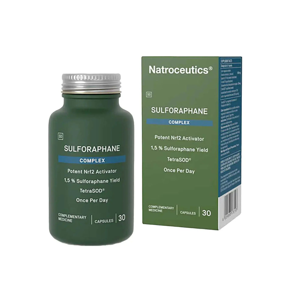 Natroceutics Sulforaphane Complex capsules in a green bottle with a blue and white box for detoxification support.