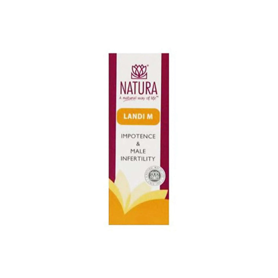 Natura Landi M homeopathic medicine for impotence and male infertility, packaged in a colorful box.