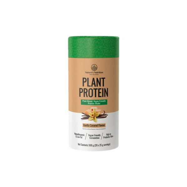 Nature's Nutrition Plant Protein, vegan-friendly, 100% plant-based protein, vanilla caramel flavor, 500g container.