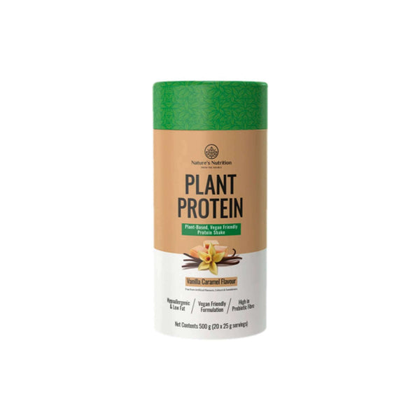 Nature's Nutrition Plant Protein, vegan-friendly, 100% plant-based protein, vanilla caramel flavor, 500g container.