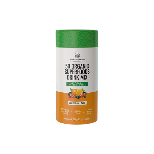 Nature's Nutrition 50 Organic Superfoods Drink Mix, Citrus Berry flavor, packed with probiotics and plant protein.