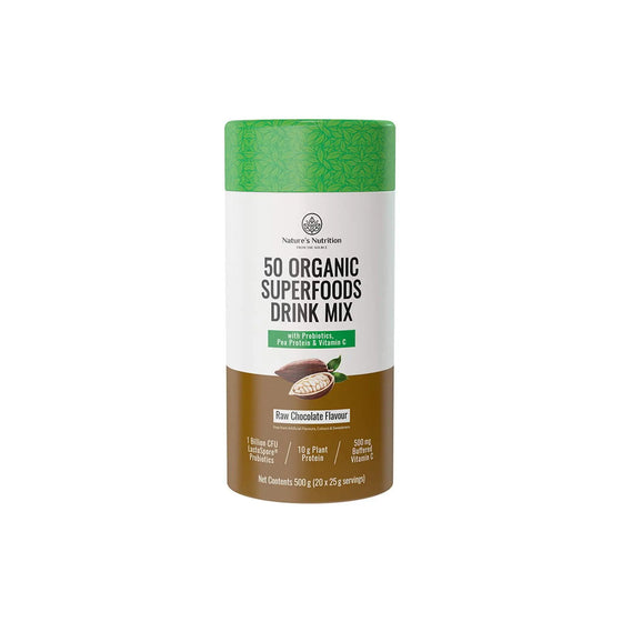 Nature's Nutrition 50 Organic Superfoods Drink Mix in raw chocolate flavor, featuring 10g of plant protein and essential vitamins.