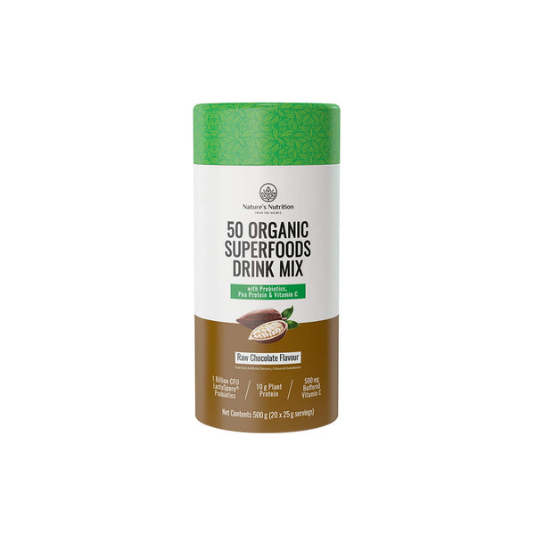Nature's Nutrition 50 Organic Superfoods Drink Mix in raw chocolate flavor, featuring 10g of plant protein and essential vitamins.