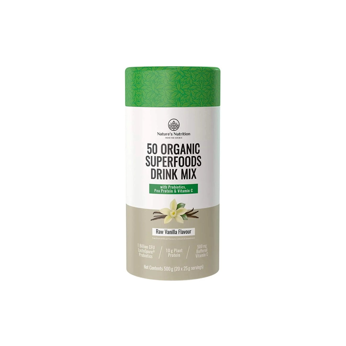 Nature’s Nutrition 50 Organic Superfoods Drink Mix in raw vanilla flavor, featuring probiotics and plant protein for health benefits.