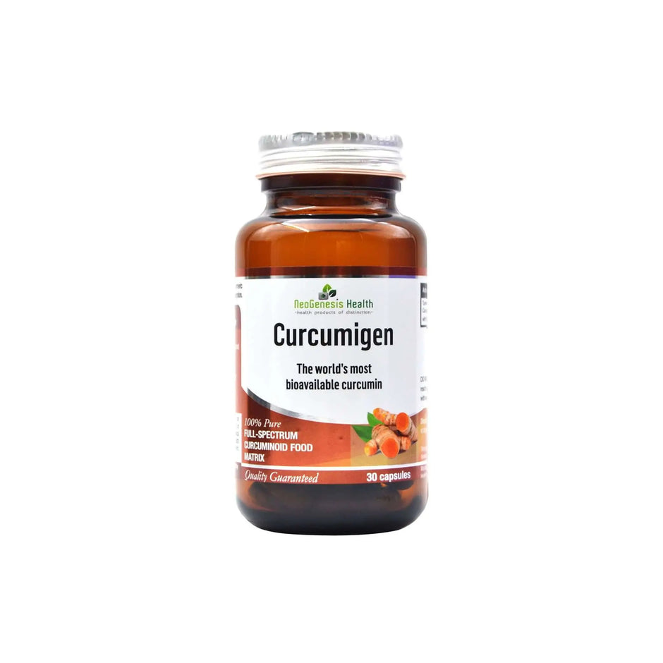 NeoGenesis Curcumigen bottle featuring bioavailable curcumin capsules for enhanced absorption and anti-inflammatory support.