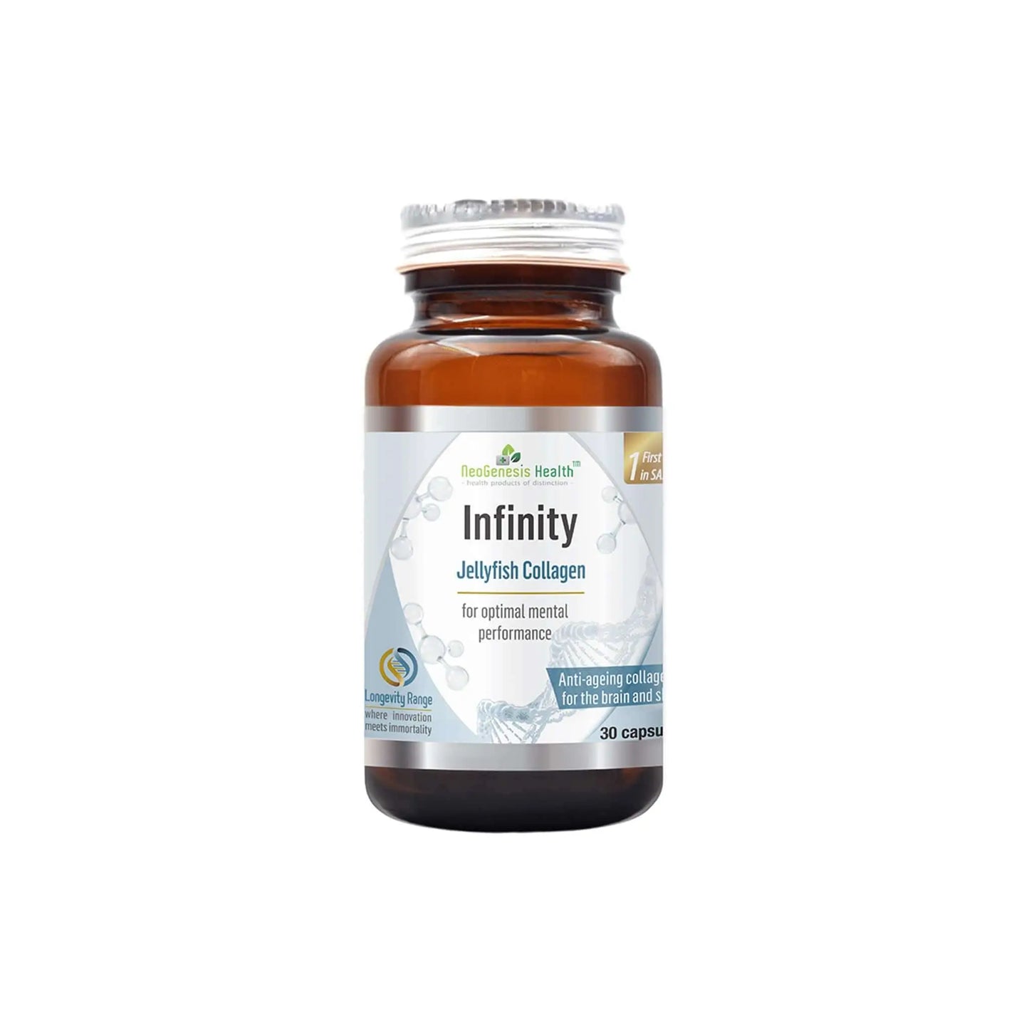 NeoGenesis Infinity Jellyfish Collagen capsules for optimal cognitive function and anti-aging benefits, 30 count bottle.