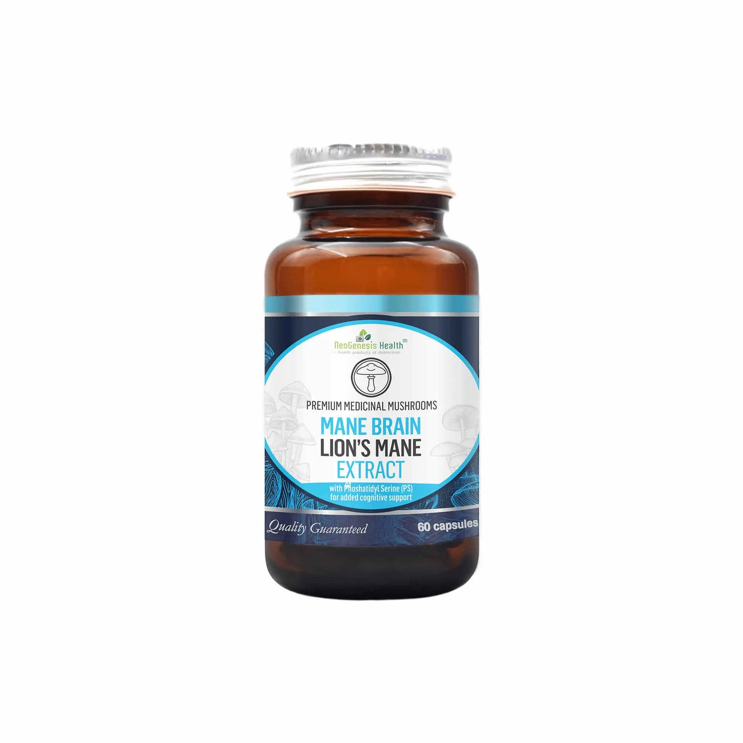 NeoGenesis Mane Brain Lion's Mane supplement bottle with 60 capsules for cognitive enhancement and brain health.