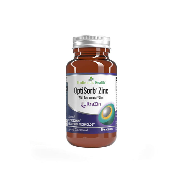 NeoGenesis OptiSorb Zinc supplement bottle with 60 capsules, featuring Sucrosomial Zinc for enhanced bioavailability.