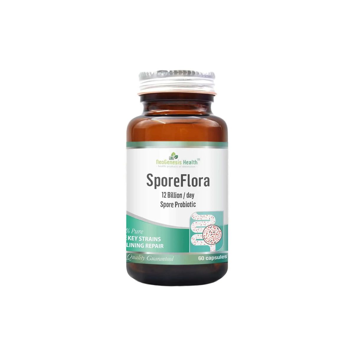 NeoGenesis SporeFlora 12 Billion probiotic capsules for digestive health and microbiome support.