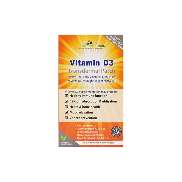 NeoGenesis Vitamin D3 Transdermal Patch packaging, featuring 5000iu vitamin D3, K2, and magnesium for health support.