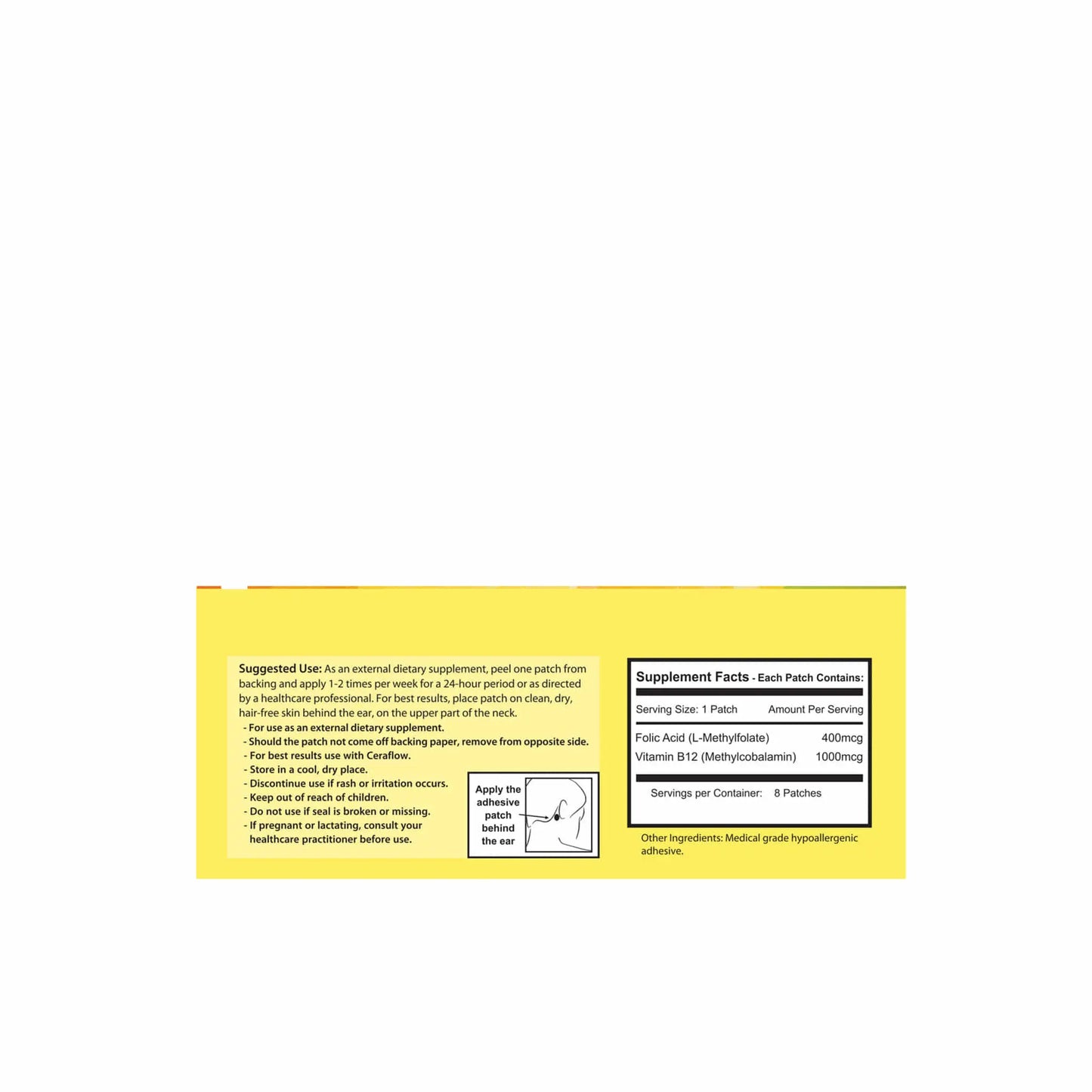 Supplement facts panel for NeoGenesis vitamin D3 transdermal patch, detailing ingredients and usage instructions.