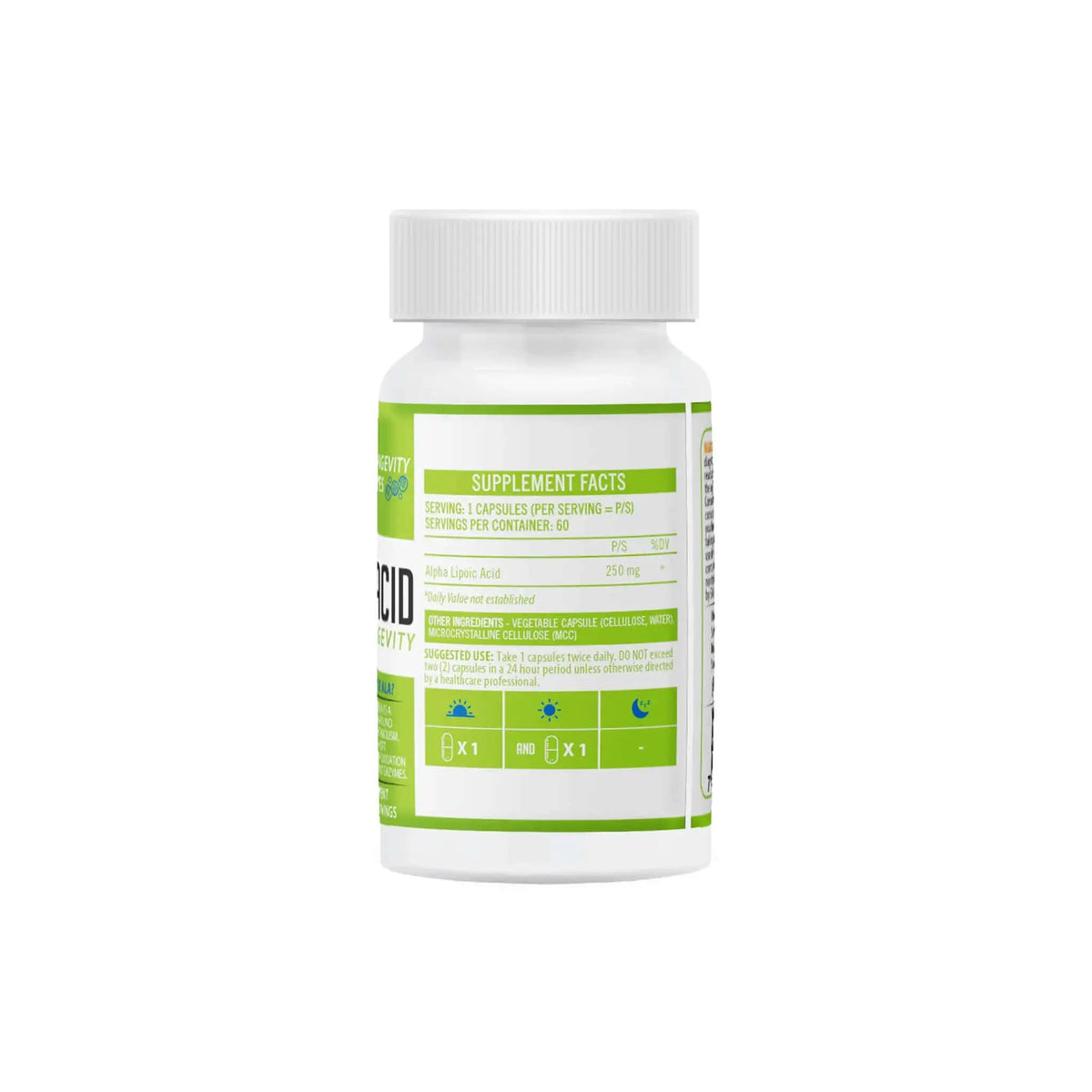 NeuroActive Alpha-Lipoic Acid supplement bottle showing supplement facts and serving details.