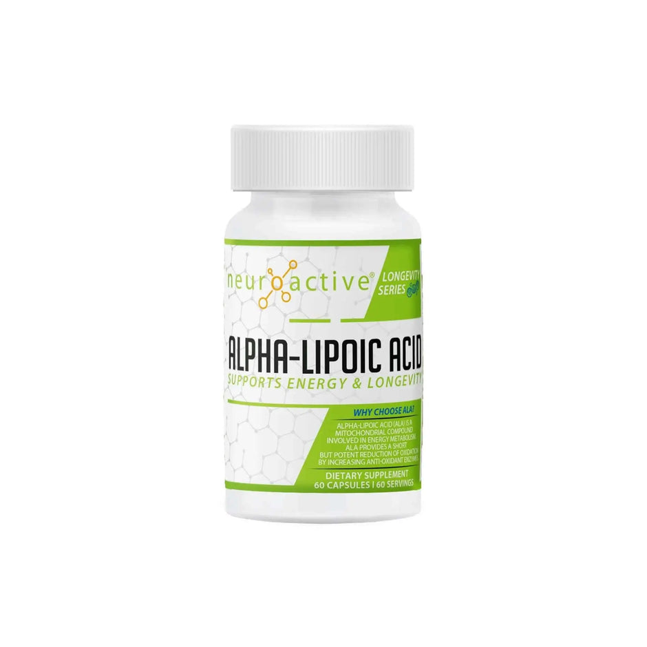 NeuroActive Alpha-Lipoic Acid supplement bottle, supports energy metabolism and longevity, 60 capsules.
