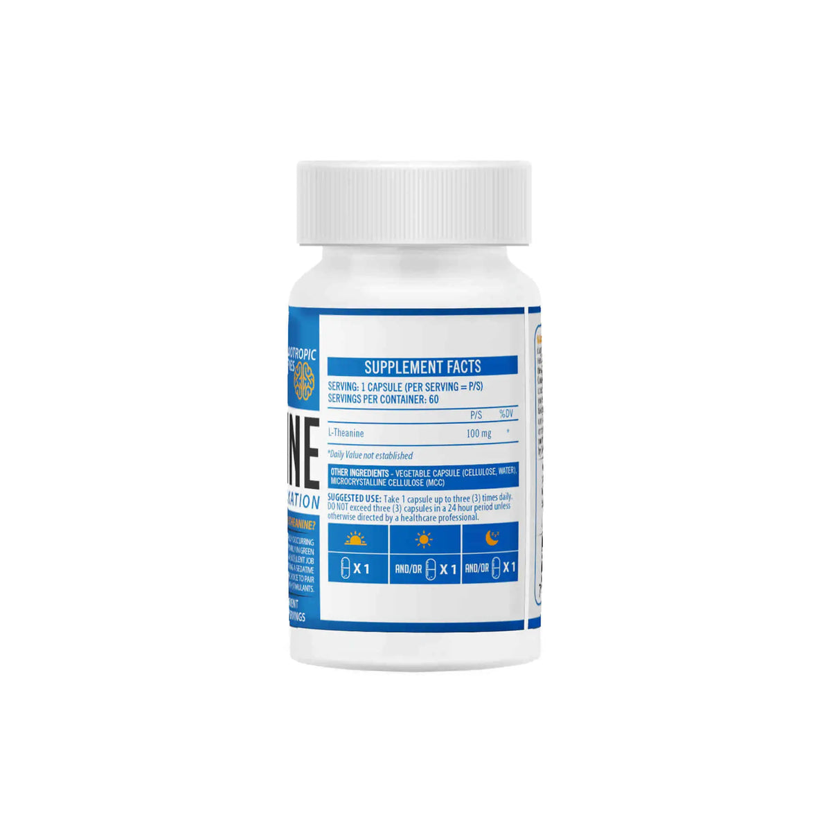 NeuroActive L-Theanine supplement facts label showing dosage and ingredients for relaxation and focus support.