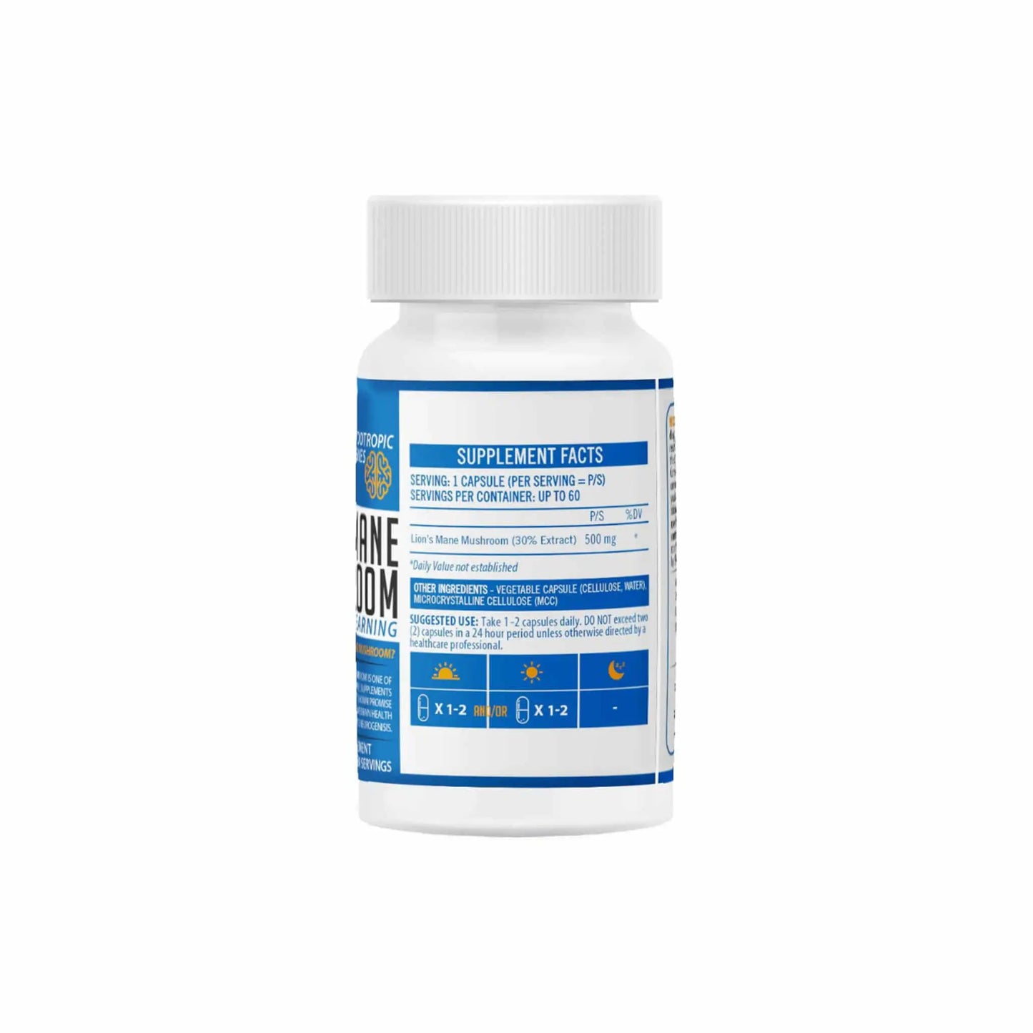 NeuroActive Lion's Mane supplement bottle showing supplement facts and serving information.