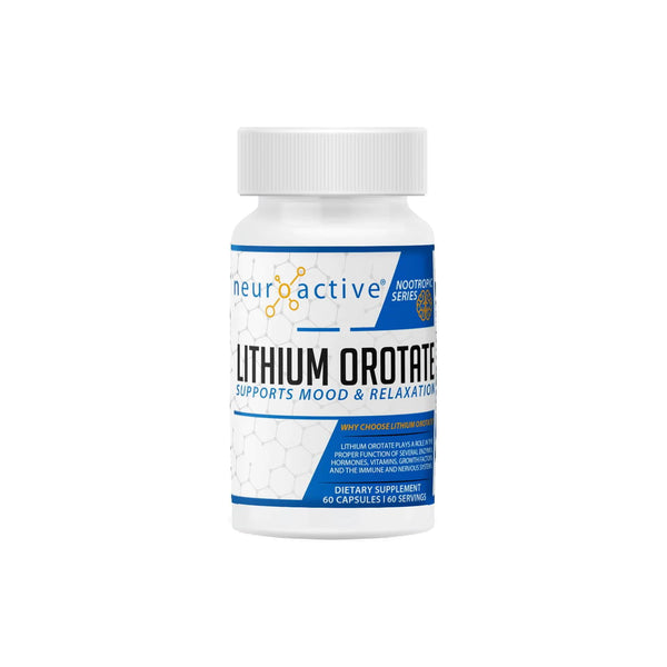 NeuroActive Lithium Orotate dietary supplement bottle for mood support and relaxation, containing 60 capsules.