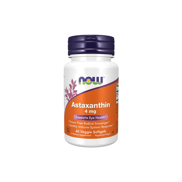 Now Foods Astaxanthin 4mg supplement bottle with 60 veggie softgels for eye health and immune support.
