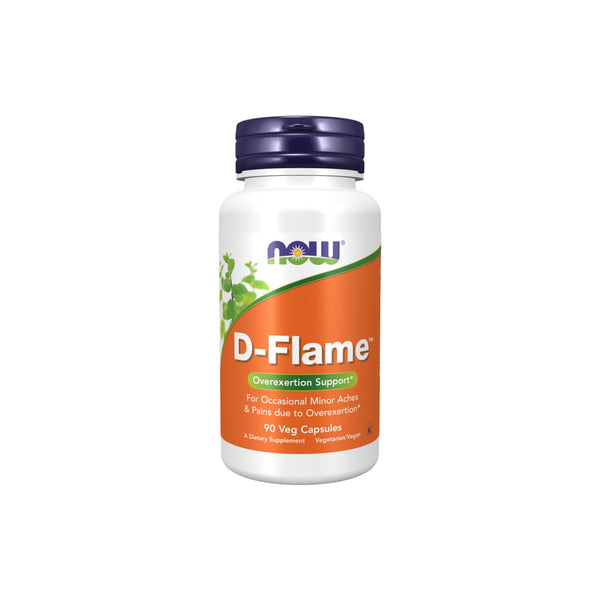 Now Foods D-Flame dietary supplement bottle for overexertion support, 90 vegetarian capsules for minor aches and pains.