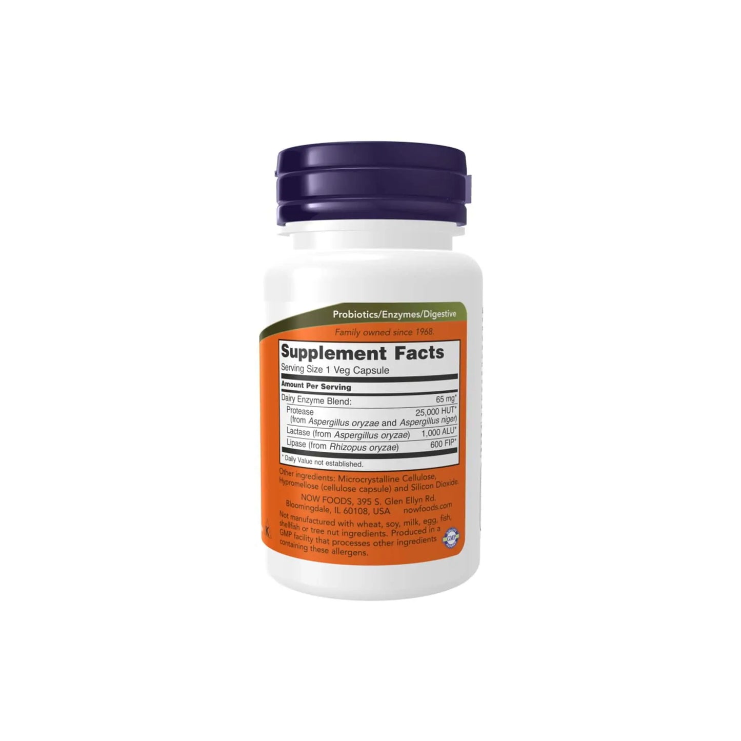 NOW® Dairy Digest Complete supplement bottle with enzyme blend and probiotic for dairy digestion support.
