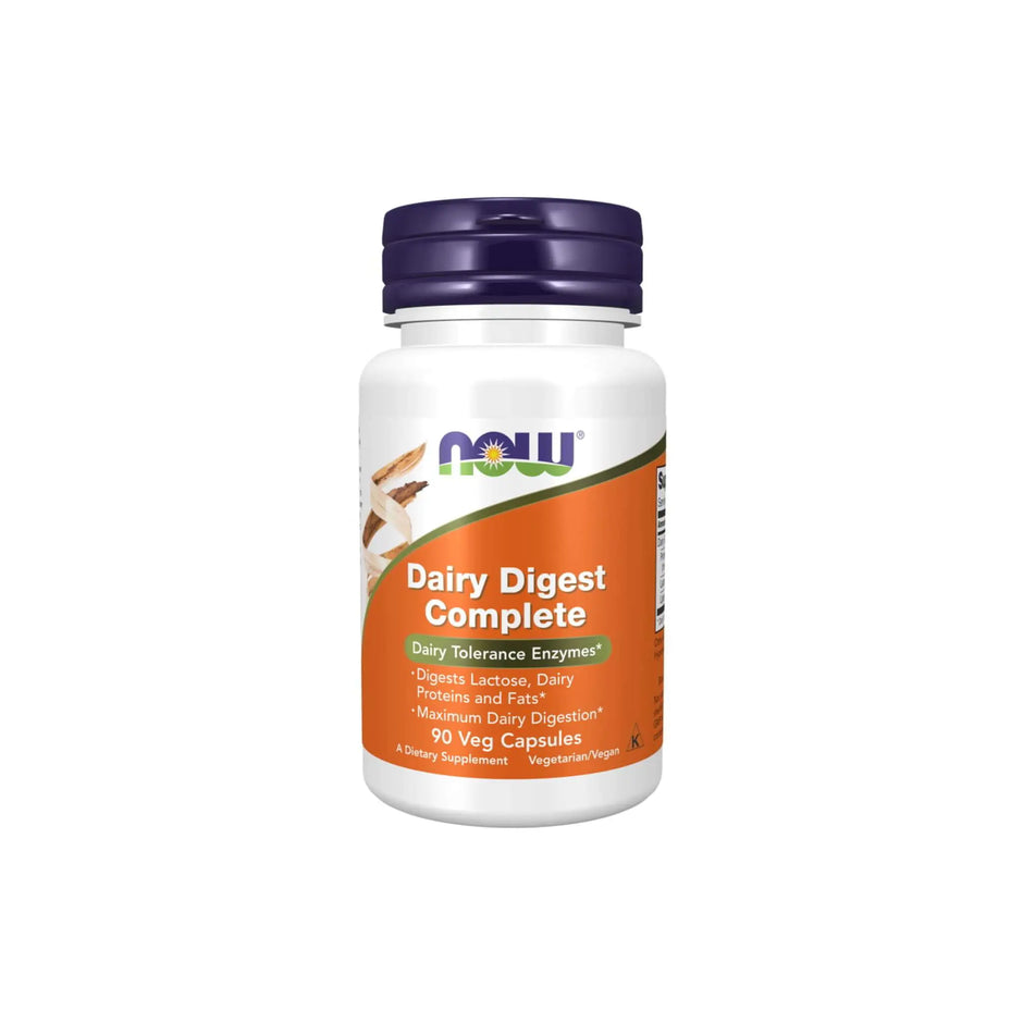 NOW Dairy Digest Complete supplement bottle for lactose and dairy digestion support, containing 90 vegetarian capsules.