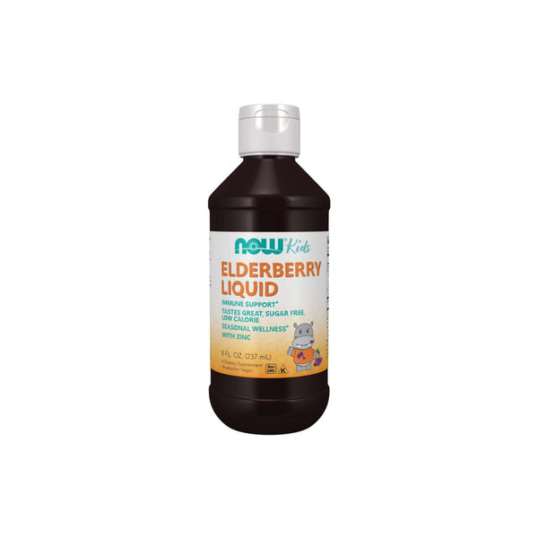 NOW® Kids Elderberry Liquid in a bottle for immune support, promoting seasonal wellness, sugar-free, 8 fl oz.