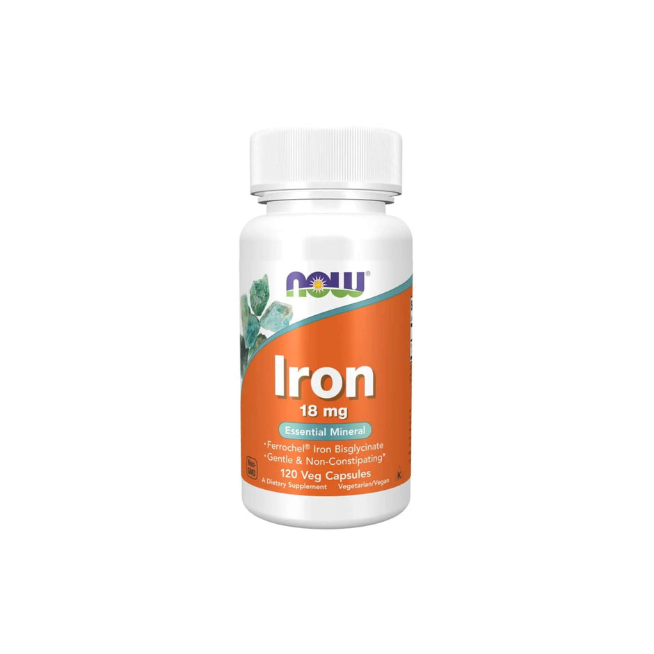 NOW Foods Iron 18mg capsules in a bottle, essential mineral for energy and immune health, featuring Ferrochelâ„¢ formula.