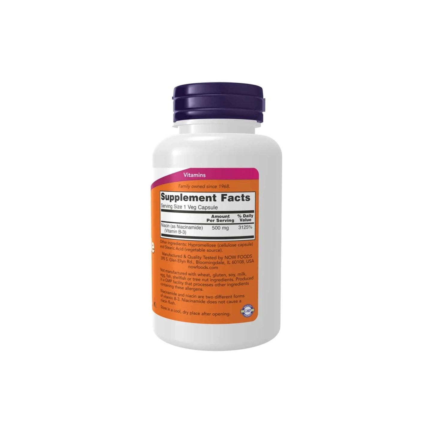 Now Foods Niacinamide (B3) 500mg bottle showing supplement facts and dosage information.