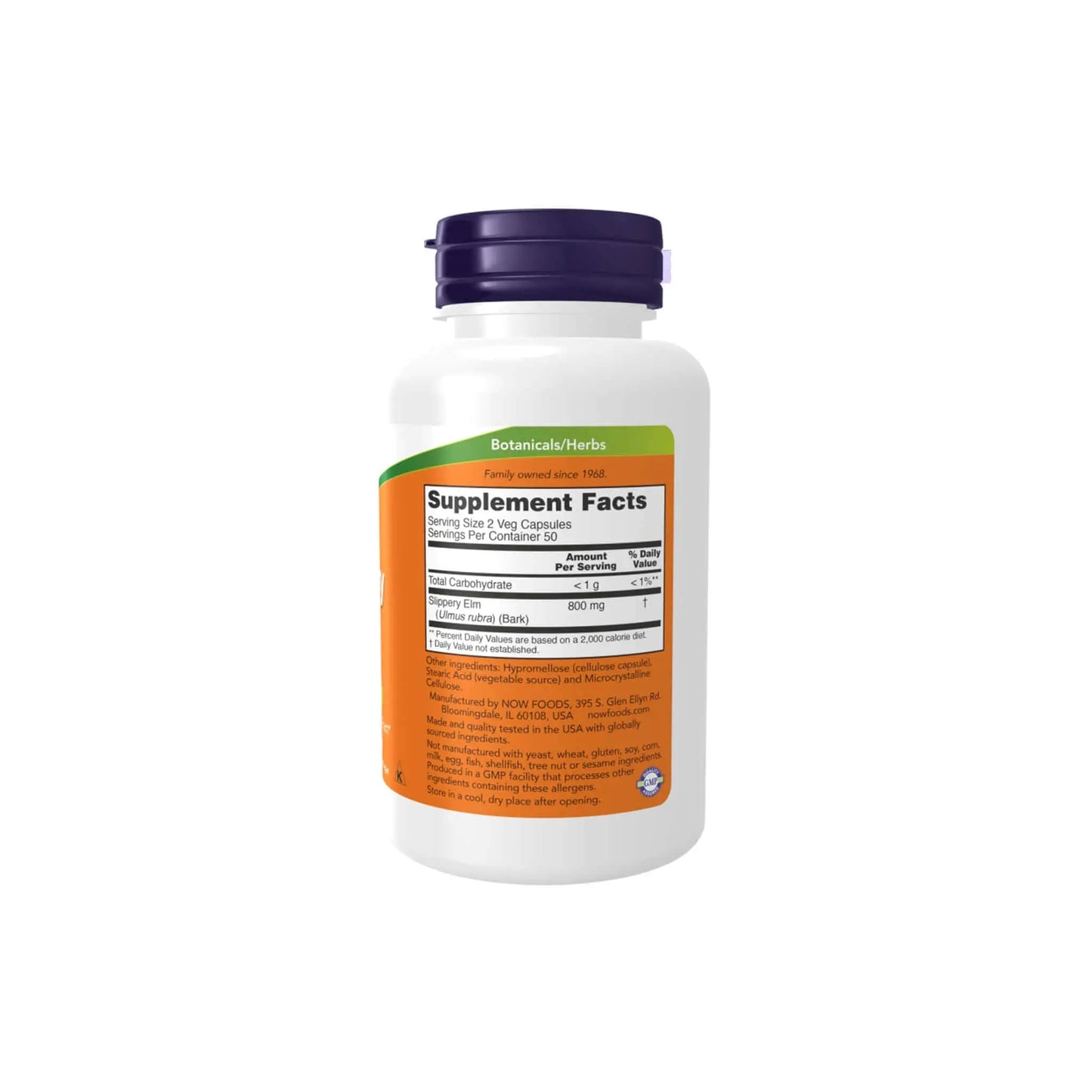 Now Foods Slippery Elm supplement bottle with supplement facts label for digestive health support.