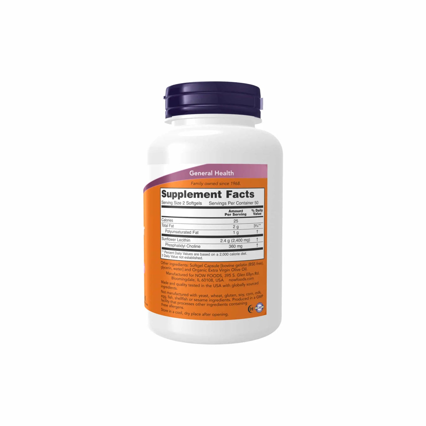 Bottle of NOW® Sunflower Lecithin 1200mg showing supplement facts and serving information for health benefits.