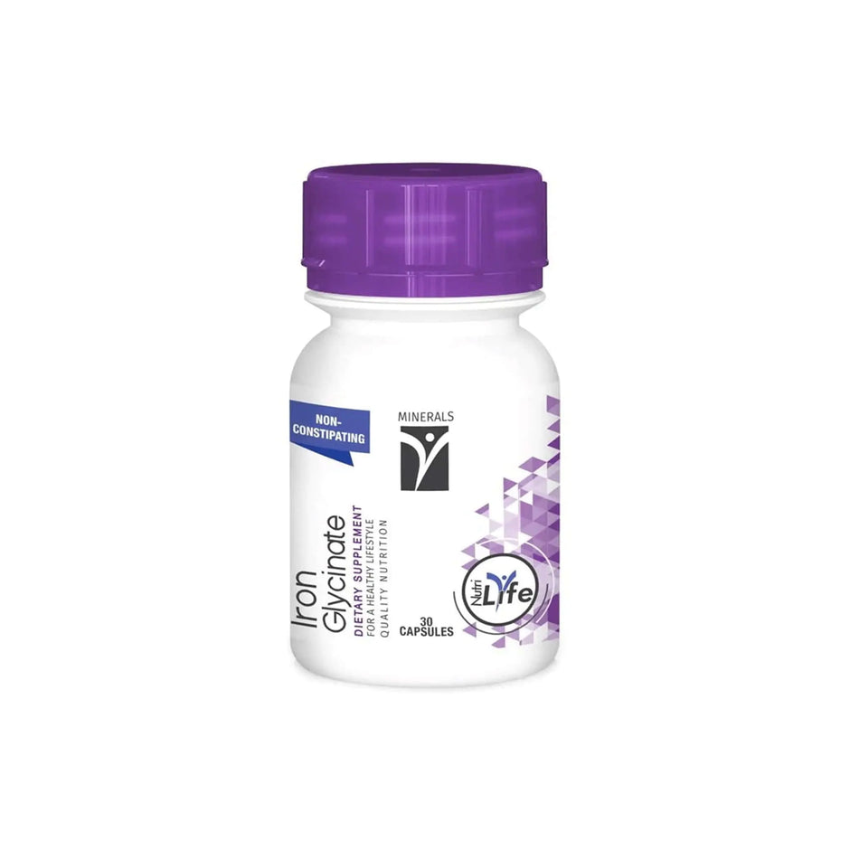 Nutrigreen Iron Glycinate supplement bottle with 30 non-constipating capsules for enhanced bioavailability of iron.