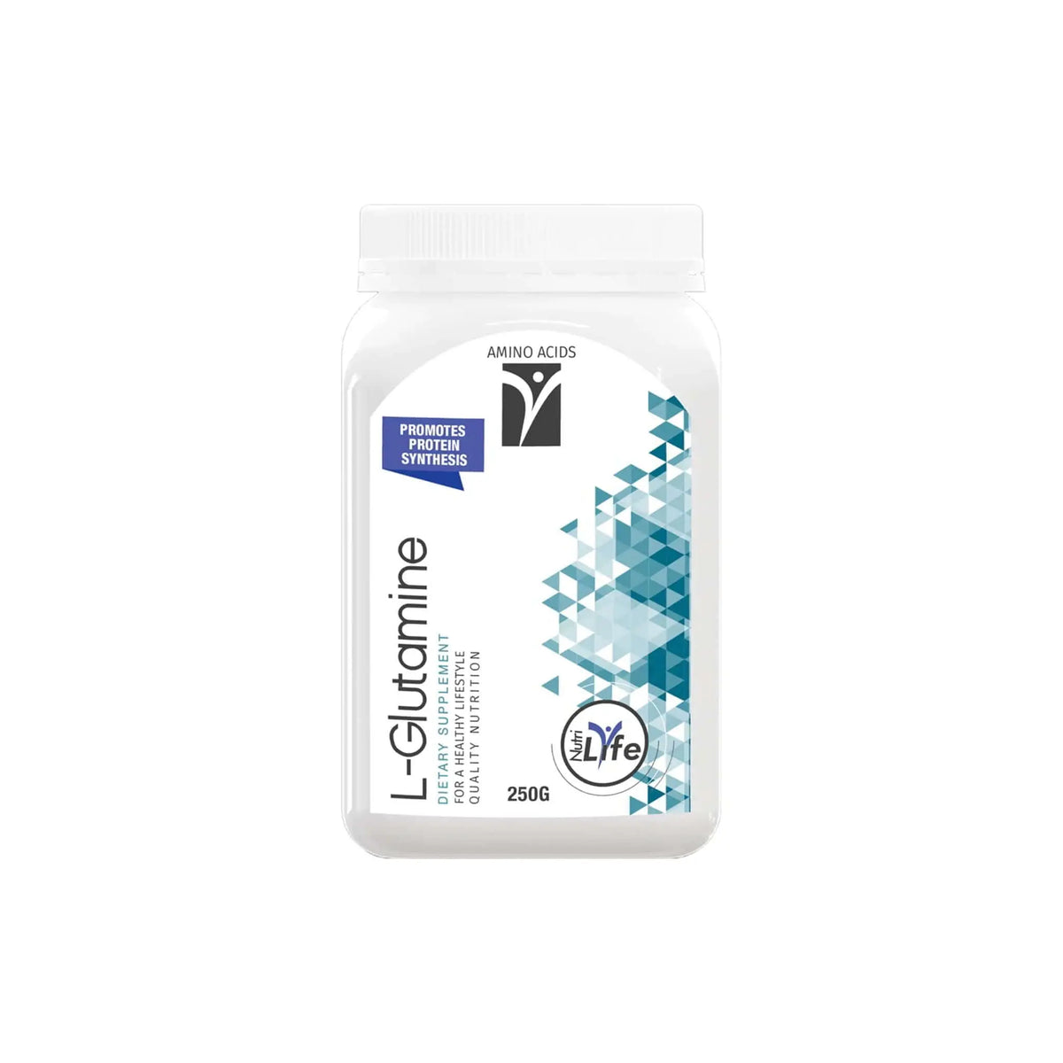 Nutrigreen L-Glutamine Powder 250g container, promotes protein synthesis and muscle recovery.