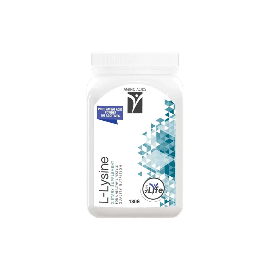Nutrigreen L-Lysine Powder supplement, 180g container, pure amino acid, supports growth and tissue repair.